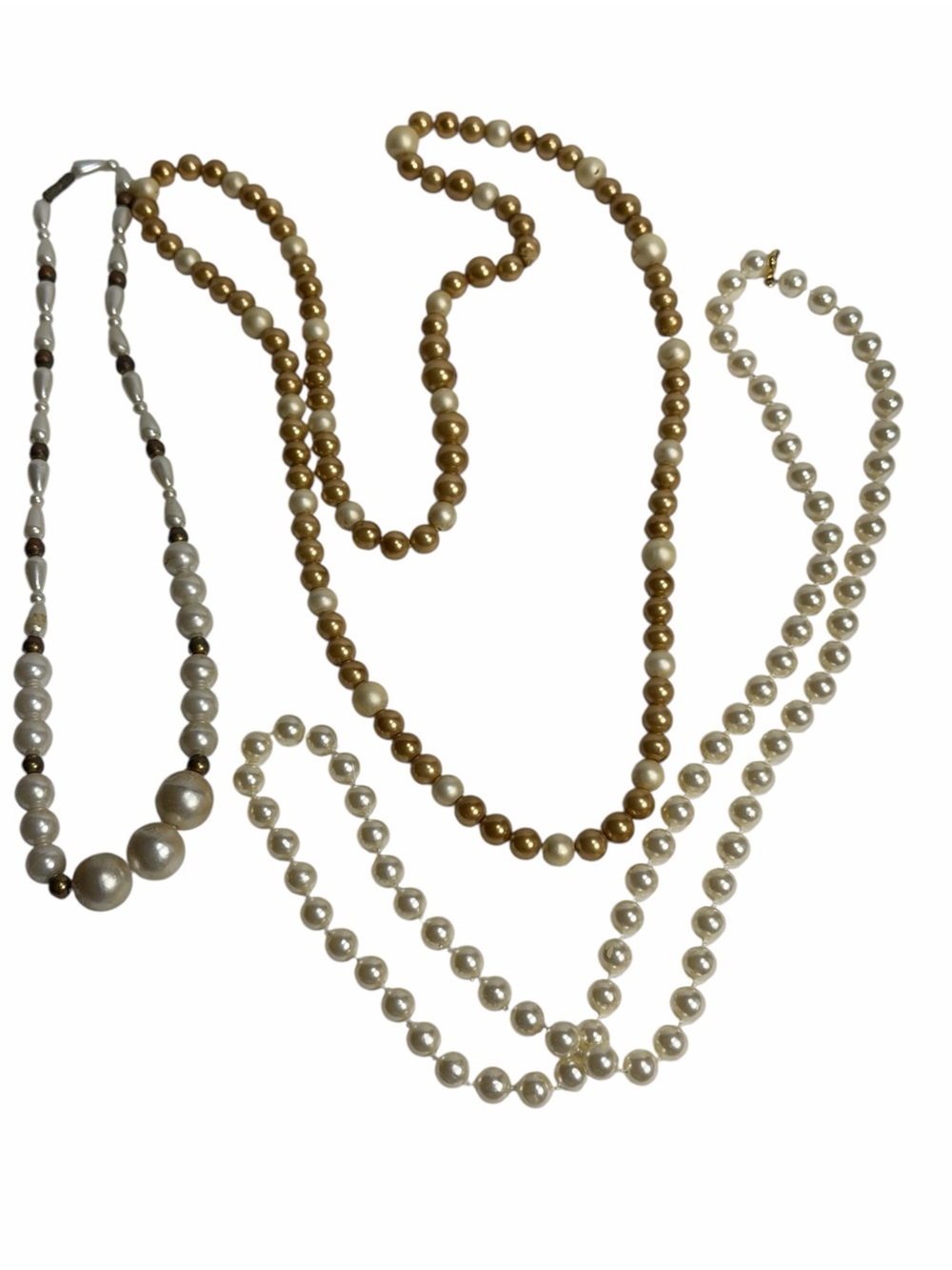 Threes Simulated Pearl Vintage Beaded Necklaces White Cream Gold Tone Retro